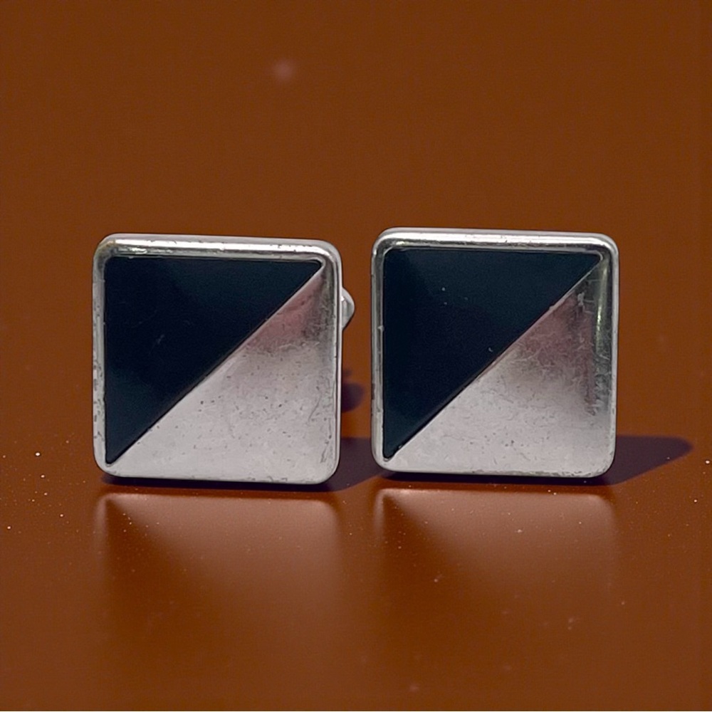 Elegant Vintage Anson Silver Tone a Black Cufflinks With Geometric Block Design